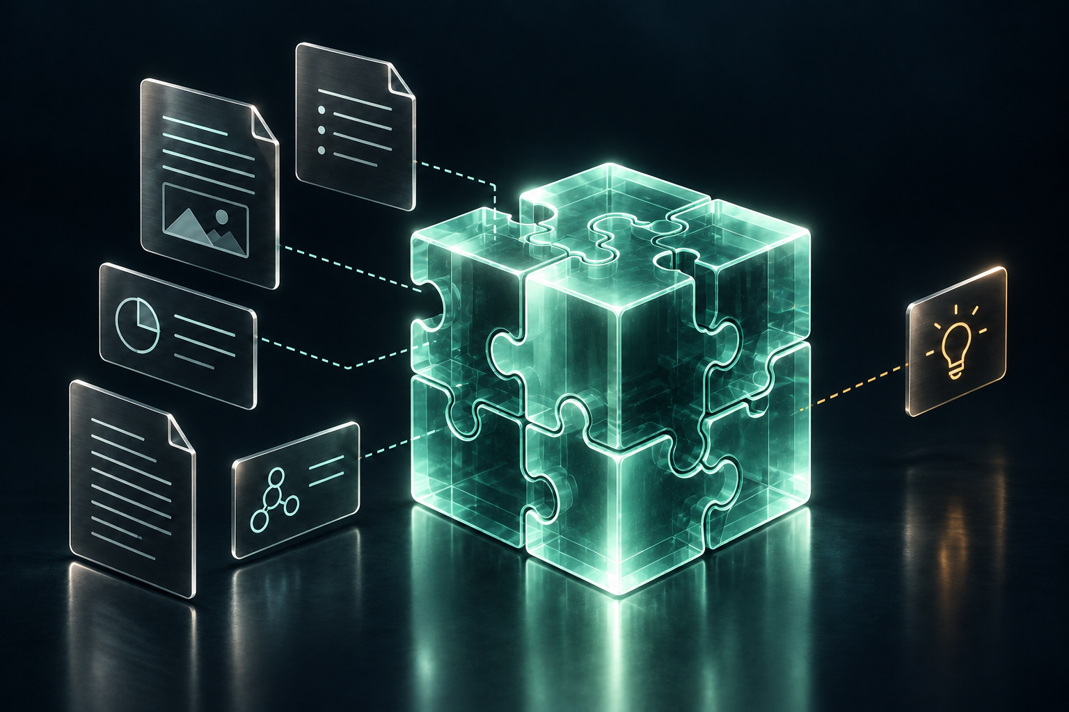 Connected pieces form a company knowledge core, with documents and ideas arranged around it.