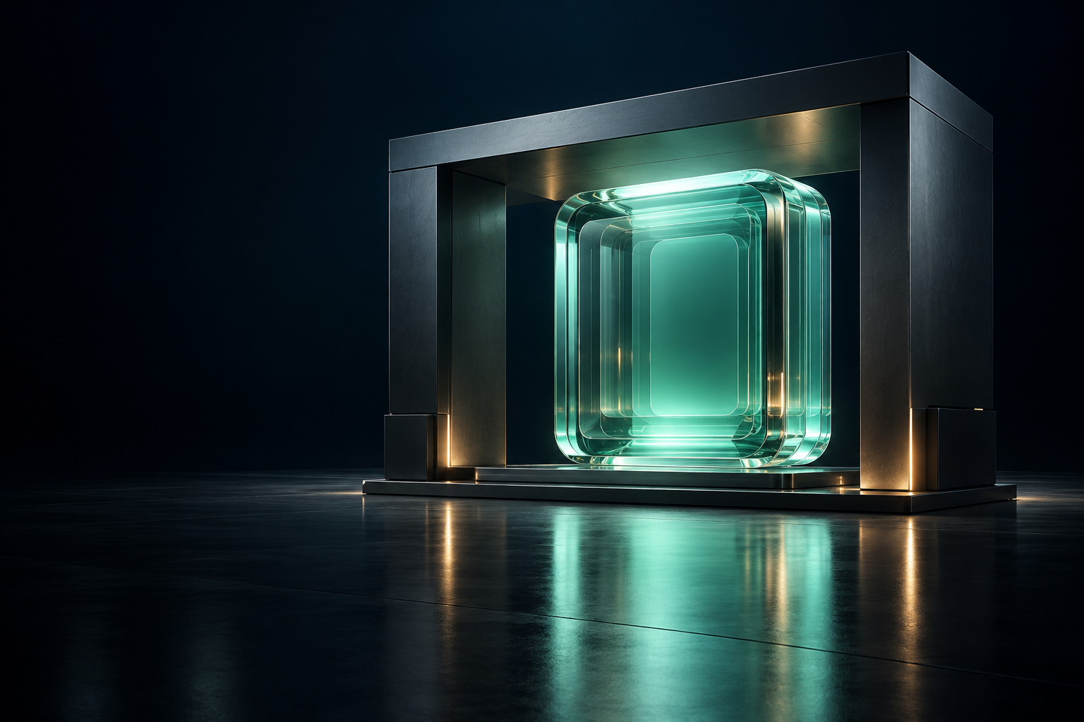 An illuminated mint core sits inside an independent architectural enclosure.